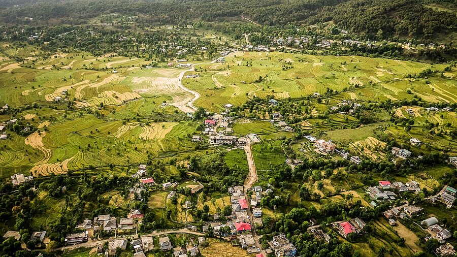 Aerial view of Bir village in the Kangra Valley