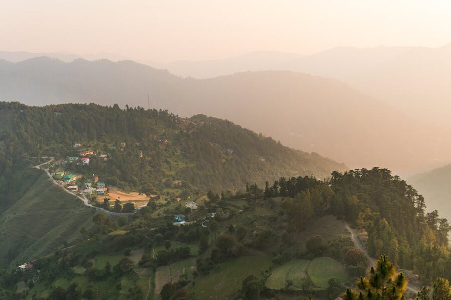 Aerial view of a mountain village in Chail, Himachal Pradesh