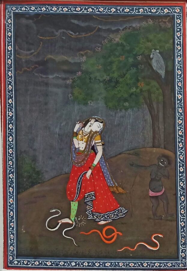 A Pahari miniature painting from the Kangra School showing a woman in a garden setting.