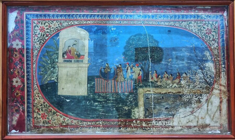 An 18th-century fresco from the Rang Mahal palace in Chamba depicting a Hindu mythological scene.