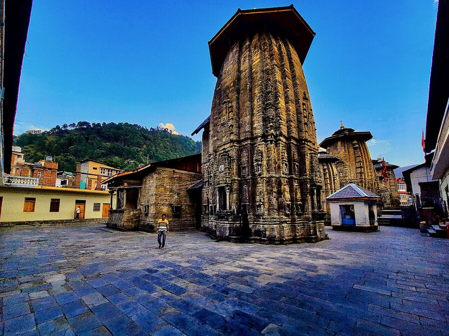 A close view of the carved stone shikhara of one of the Lakshmi Narayan temples in Chamba.