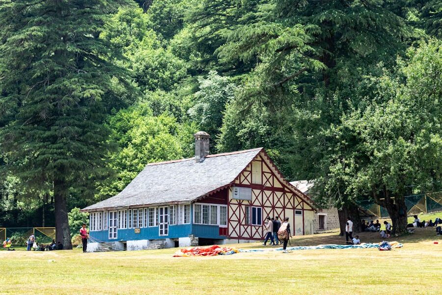 A small wooden cottage in the lush green hills of Khajjiar surrounded by pine forest.