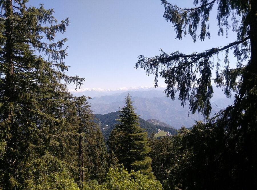 Khajjiar meadow in Himachal Pradesh with a small lake in the centre and forested hills around it.
