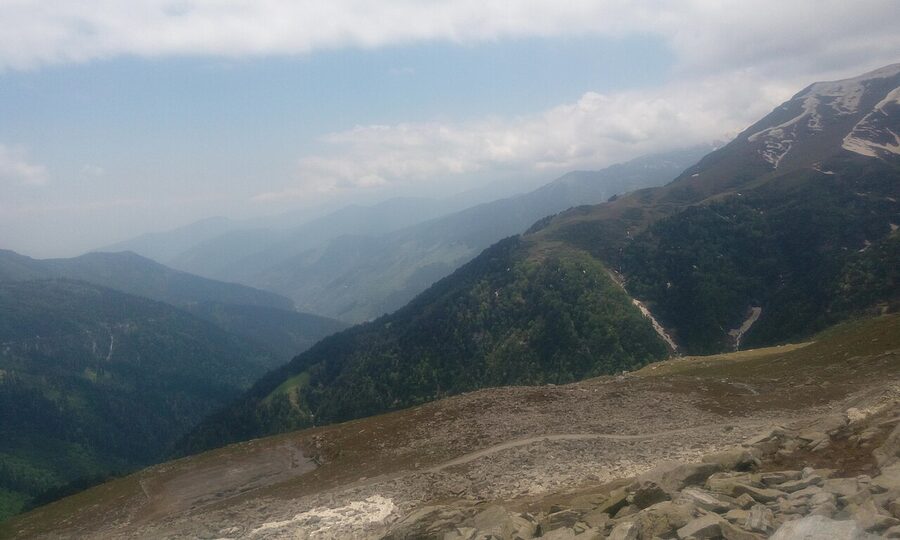 A close view of the Pir Panjal range from Sach Pass in Chamba district with snow on the higher slopes.