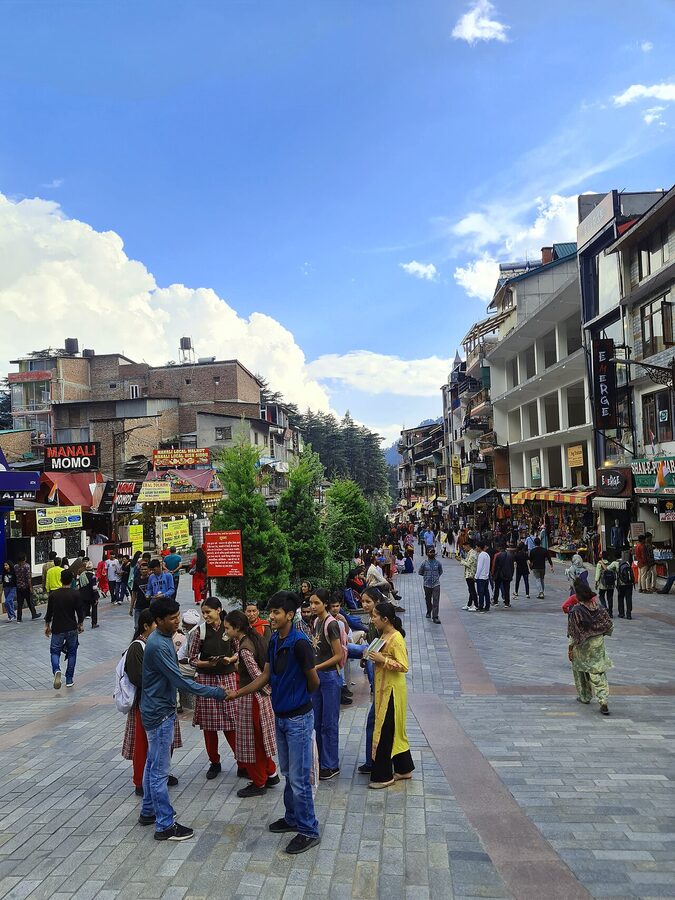 Mall Road in Manali town, the central pedestrian street where most HRTC arrivals end up