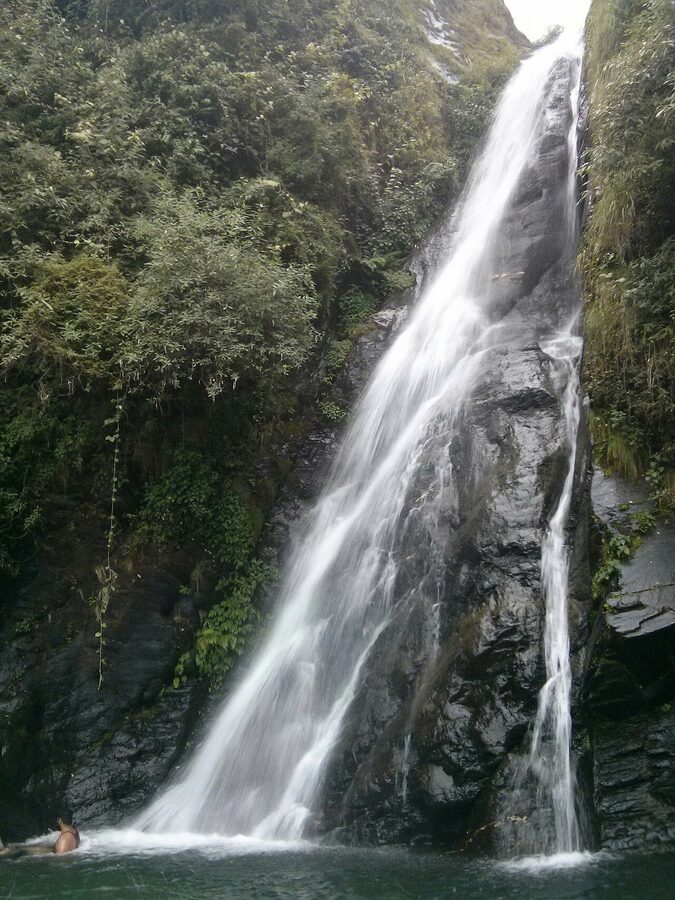 Bhagsu waterfall above McLeod Ganj in monsoon flow, Himachal Pradesh.