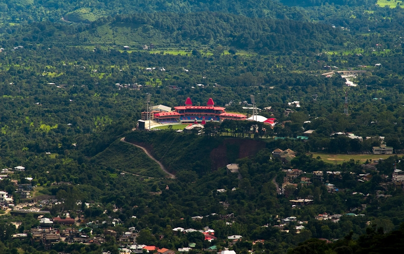 The HPCA cricket stadium at Dharamshala with the Dhauladhar range as backdrop, Kangra district.