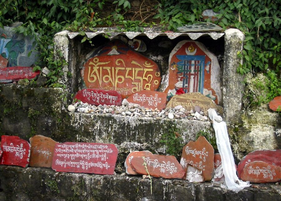 Carved Tibetan prayer stones outside the Tsuglagkhang temple complex in McLeod Ganj, Himachal Pradesh.