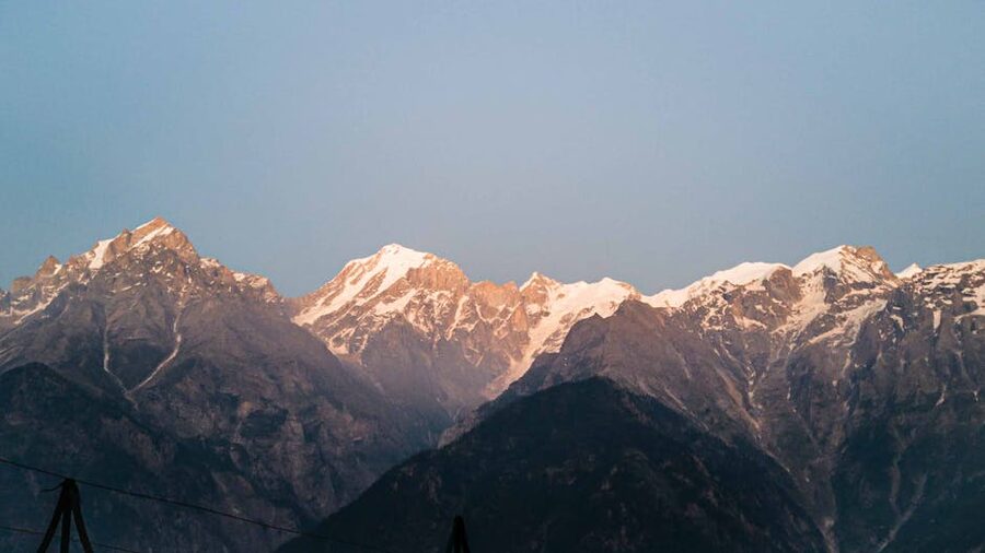 Snow-capped Himalayas at sunset seen from Kalpa, Kinnaur