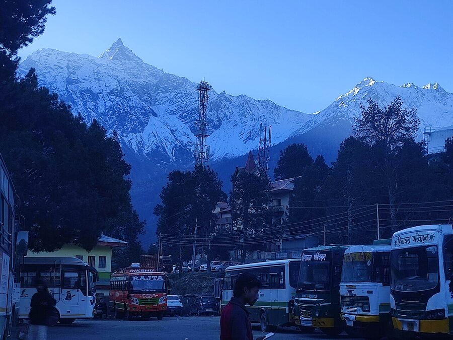 The HRTC bus terminus at Reckong Peo, the district headquarters of Kinnaur