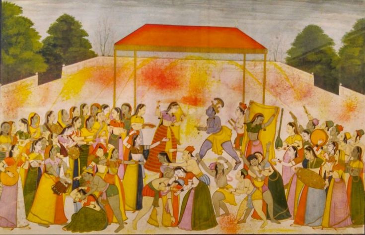 Holi celebration scene from a circa-1800 Kangra School miniature painting.