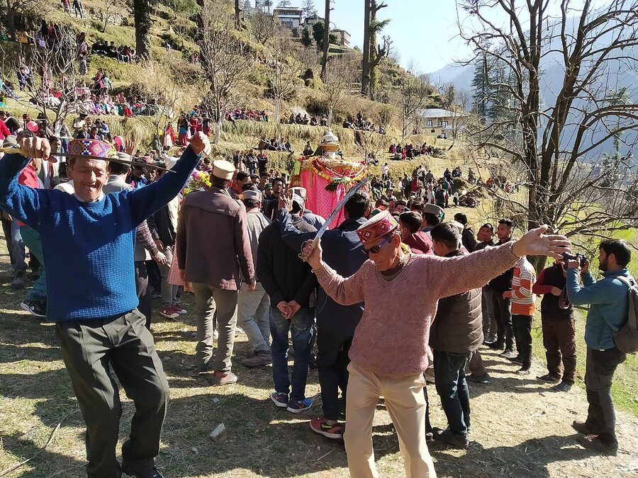 Naati traditional dance group at a public festival in Himachal Pradesh.