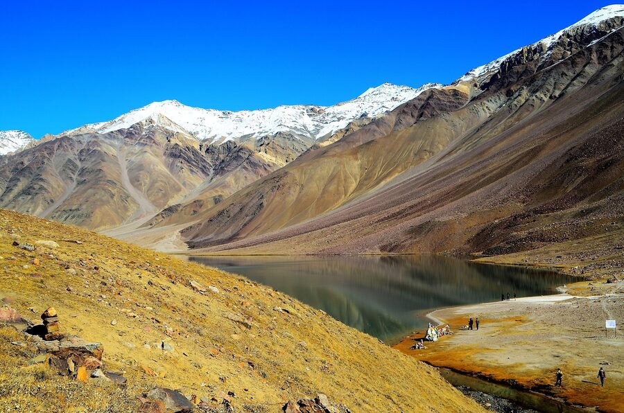 Lake and Himalayan road in Spiti Himachal Pradesh