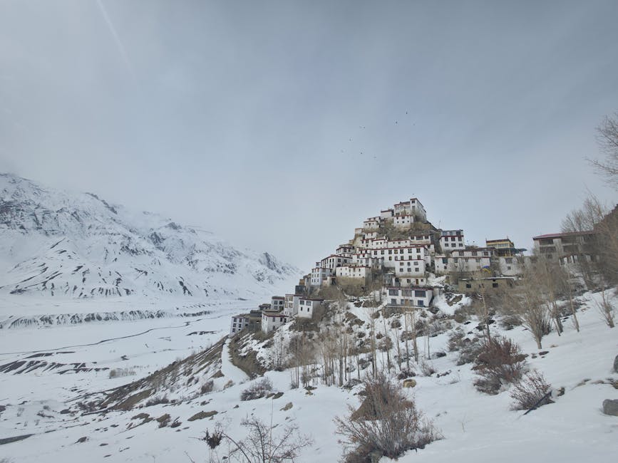 Key Monastery in Spiti Valley with the surrounding mountains in winter