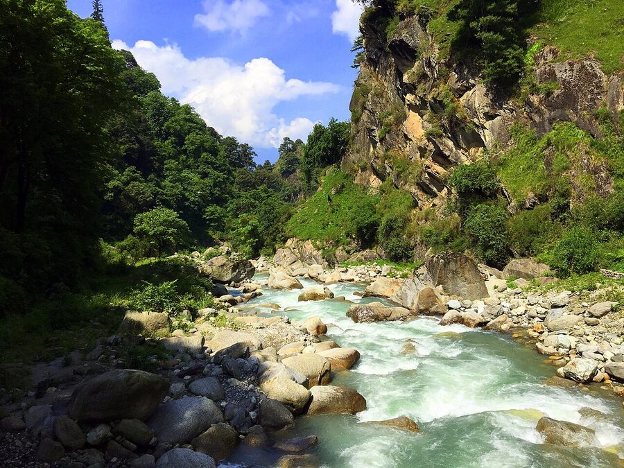 The Tirthan River and its banks in the Kullu district of Himachal Pradesh