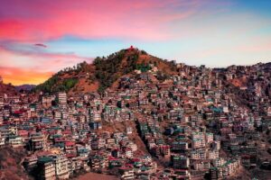 Aerial view of Shimla hill town in Himachal Pradesh with colourful colonial architecture