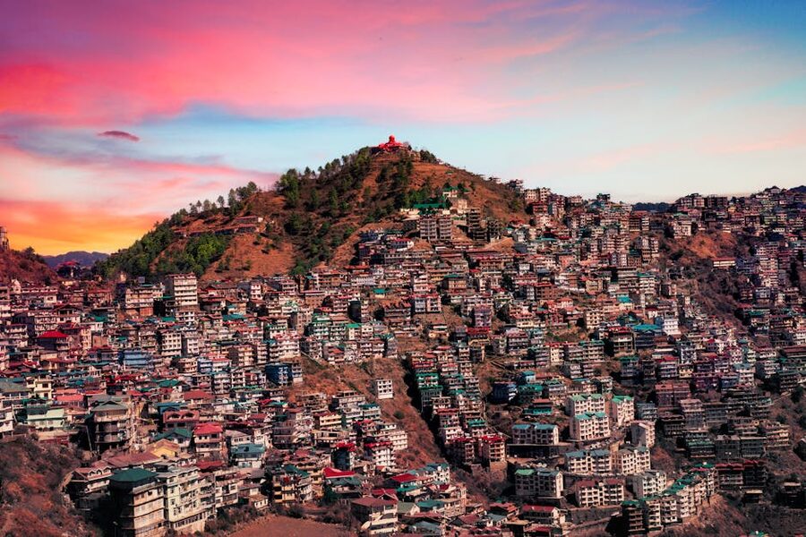 Aerial view of Shimla hill town in Himachal Pradesh with colourful colonial architecture
