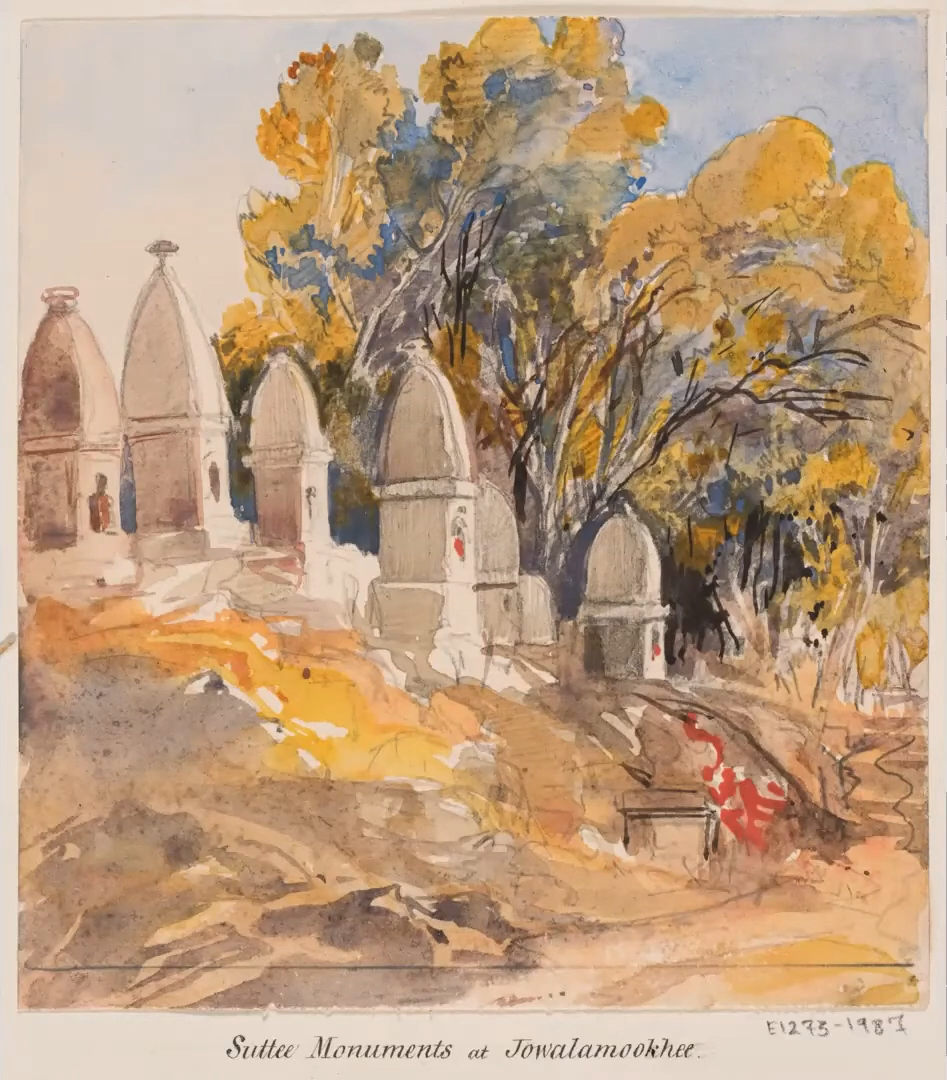 Charlotte Canning watercolour of sati monuments at Jawalamukhi, c. 1860