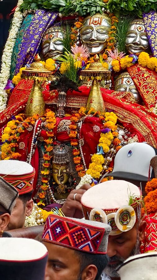 A devta palanquin carried by villagers at Kullu Dussehra.