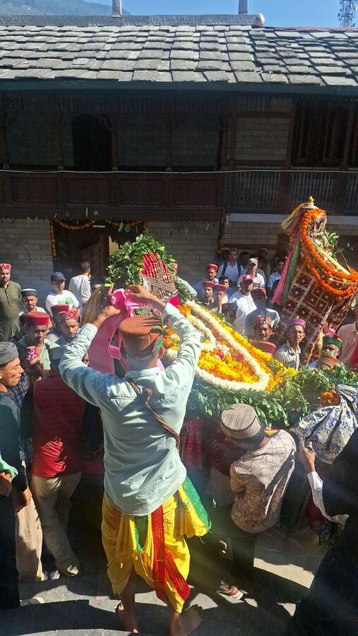 A village deity visiting Lord Raghunath on the eve of Kullu Dussehra.