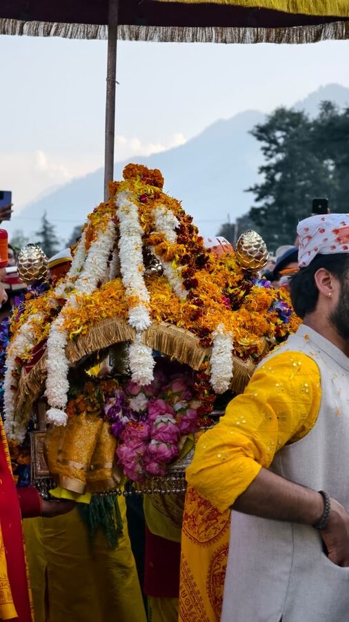 Lord Raghunath being carried in his palanquin during Kullu Dussehra 2025.