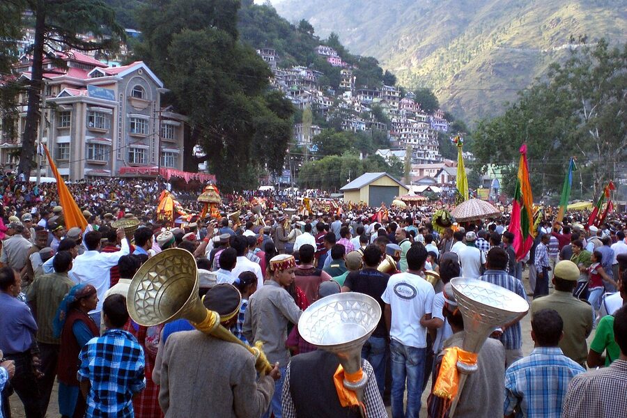 The main rath chariot procession at Kullu Dussehra with palanquins and crowd