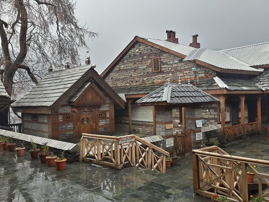 Naggar Castle in the rain on the slope above the Beas River