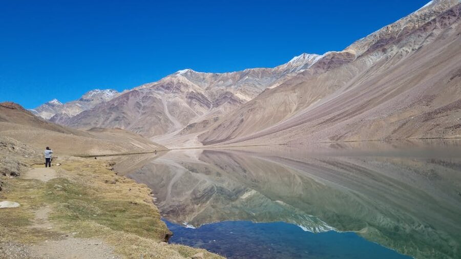 Reflections of surrounding peaks in Chandratal Lake, Spiti, Himachal Pradesh.