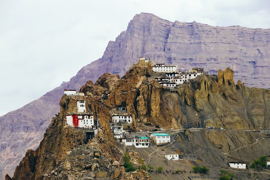 Dhankar Monastery on the rocky cliff above the confluence of the Spiti and Pin rivers.