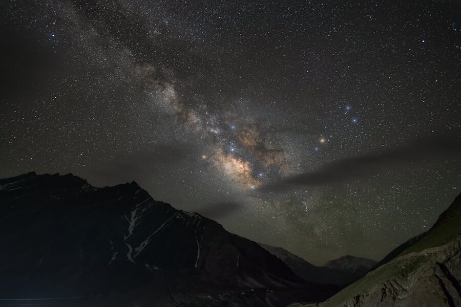 Milky Way over the mountainous landscape near Kaza in the Spiti Valley.