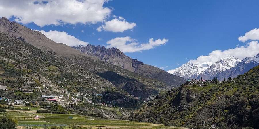 Panoramic view of Keylong town in the Bhaga valley of Lahaul, Himachal Pradesh.