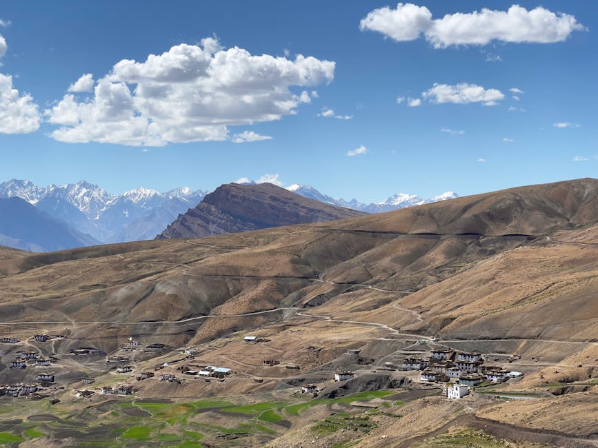 Kibber village against bare brown Spiti mountains under a clear sky.