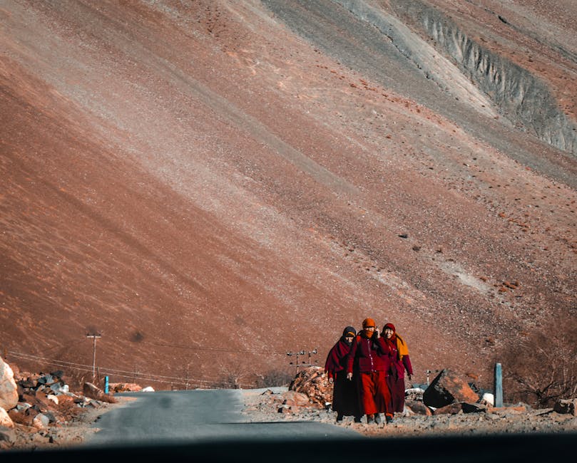 Buddhist monks walking along a road in Spiti Valley with bare mountains beyond.
