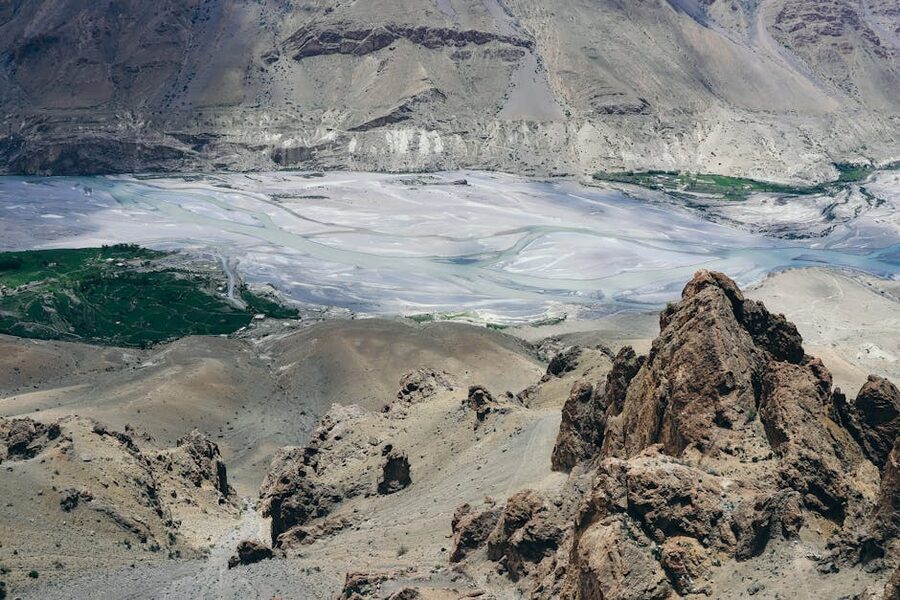 The Spiti Valley with rocky brown mountains and the river winding through.