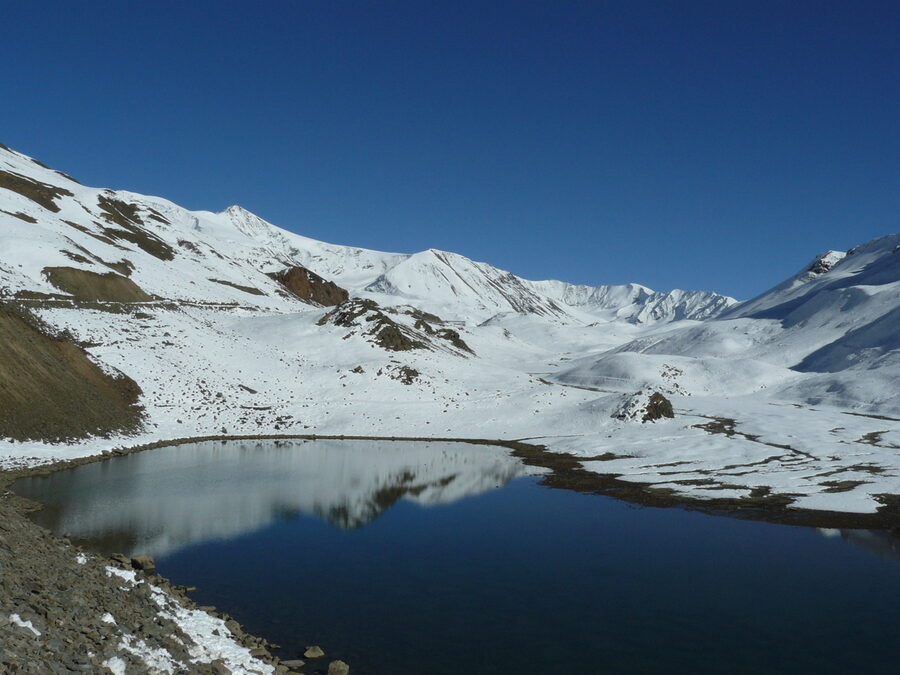 Suraj Tal lake near Baralacha La pass on the Manali-Leh highway.