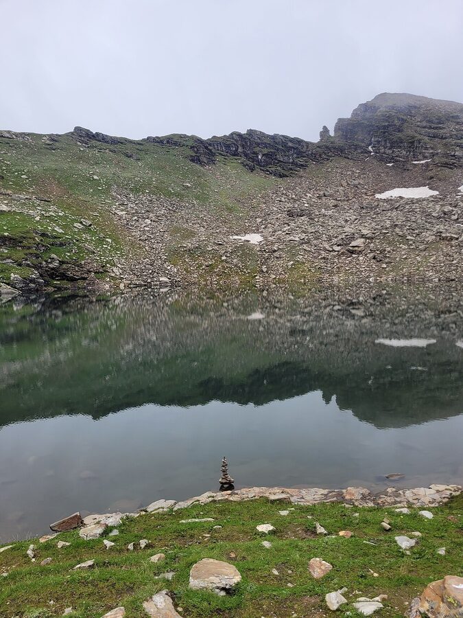 Bhrigu Lake at 4,235 metres above the Manali valley, considered sacred and named for the sage Bhrigu.