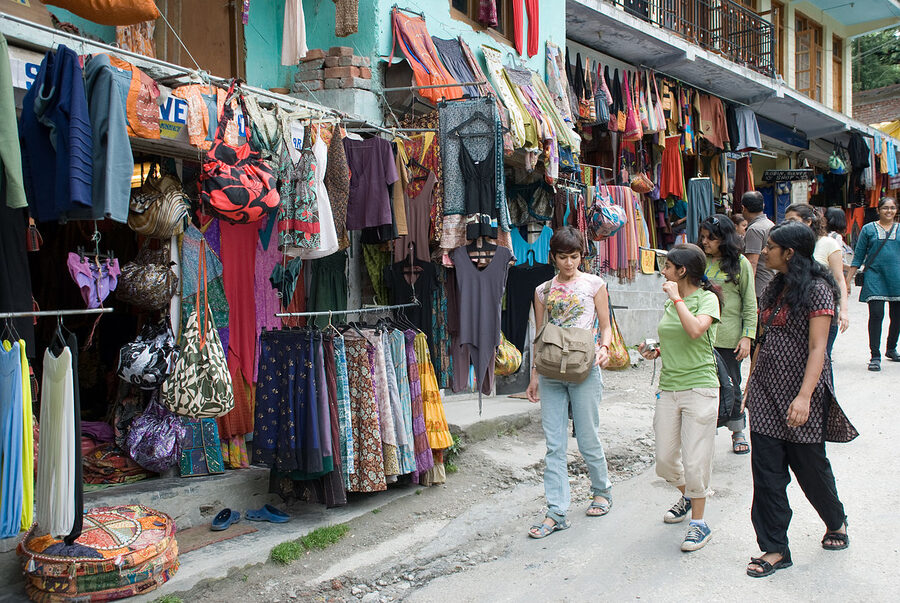 Old Manali main lane with cafes and small shops in the original village