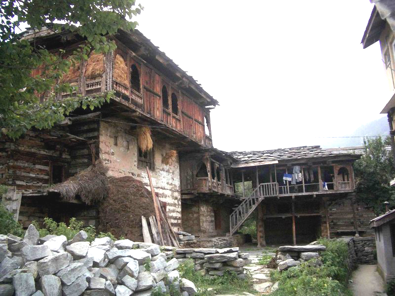 Traditional kath-kuni stone and timber house in Old Manali