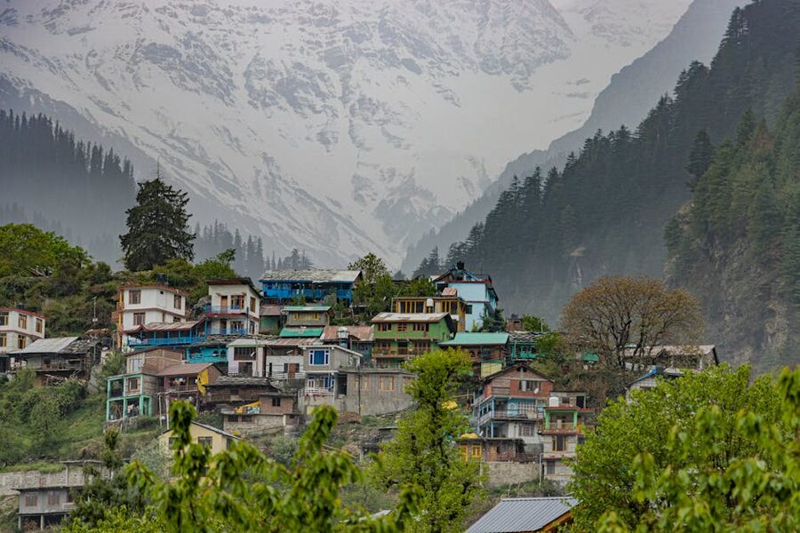 View across Manali rooftops to the snow-capped Pir Panjal range above the town