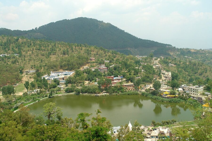 Rewalsar Lake near Mandi with monasteries on the surrounding hills.