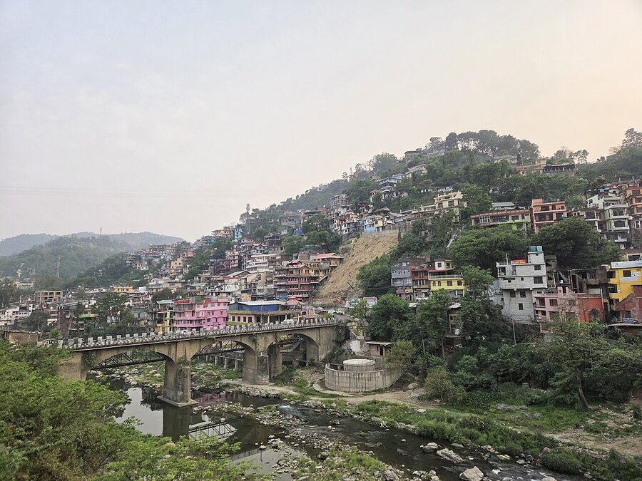 Mandi town in its bowl-shaped tableland surrounded by hills in central Himachal Pradesh.