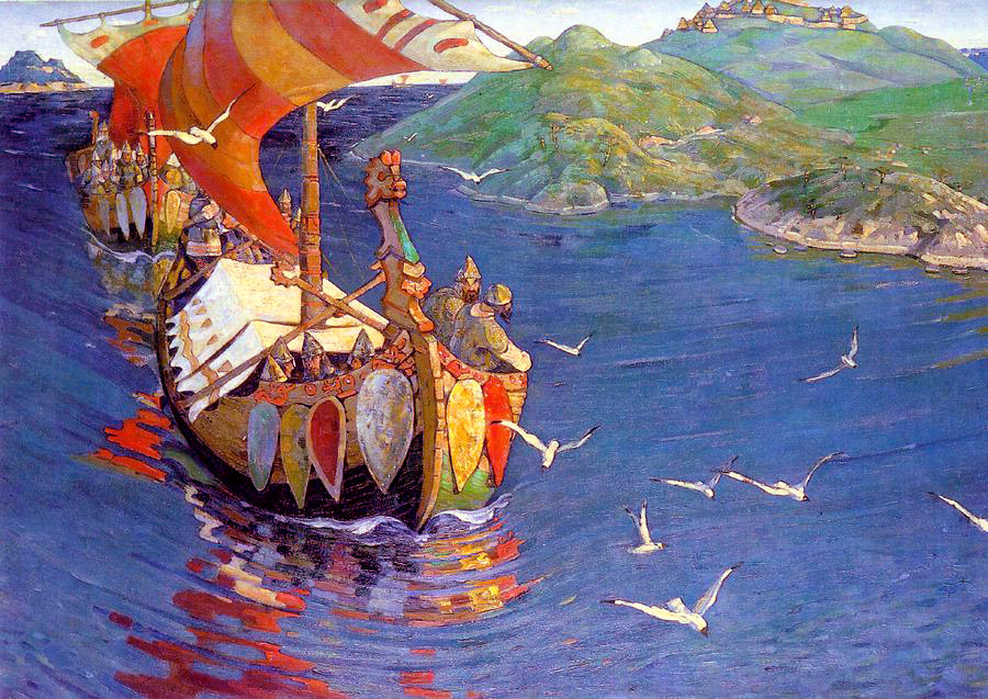 Nicholas Roerich painting Guests from Overseas with Viking ships and Russian shore.