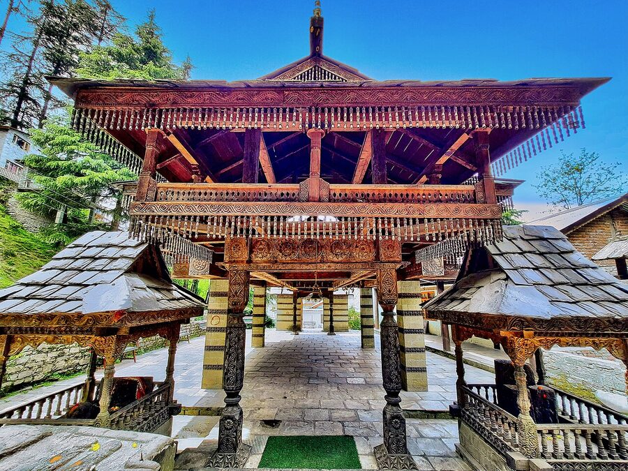 Carved interior beam and pillar at the Tripura Sundari temple in Naggar.