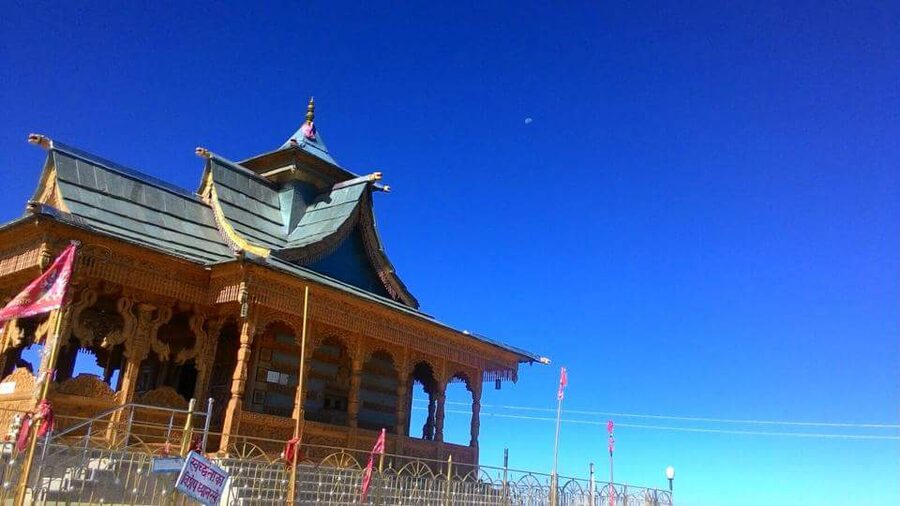 The wooden Hatu Mata temple on the summit of Hatu Peak above Narkanda.