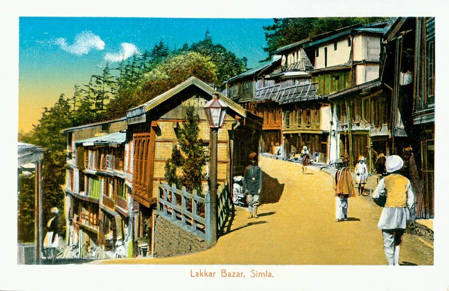 A historic postcard view of Lakkar Bazaar in Shimla, the wooden-handicrafts market east of the Ridge.
