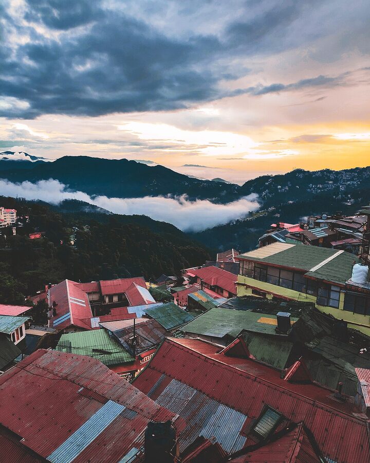 Sunset at Shimla over the Himalayan mountains in autumn.