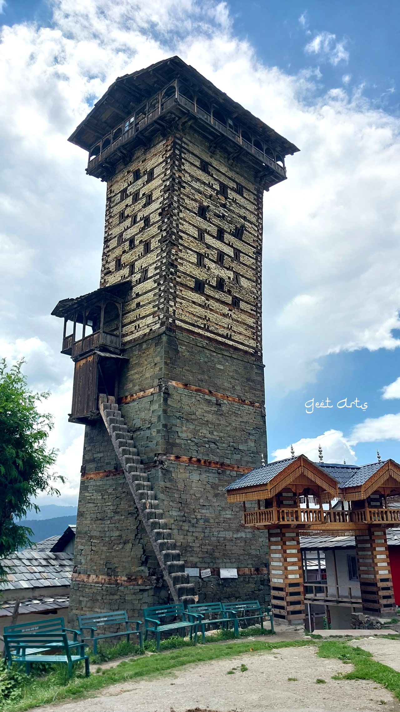 Chehni Kothi tower temple in Tirthan Valley, traditional kath-kuni architecture
