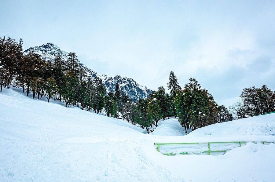 Snowfall in winter in the Manali area, Himachal Pradesh.