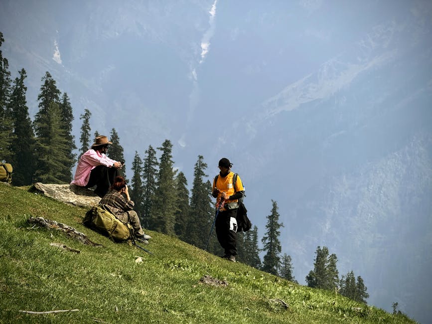 Hikers in lush hillside Himachal Pradesh