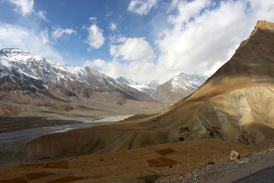 A panoramic view of Spiti Valley with surrounding Himalayan peaks.